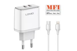 Mocna ładowarka 2x USB-C do iPhone MFI GaN 35W kabel USB-C / Lightning Szybkie Ładowanie iPad iPod LDNIO A2528M