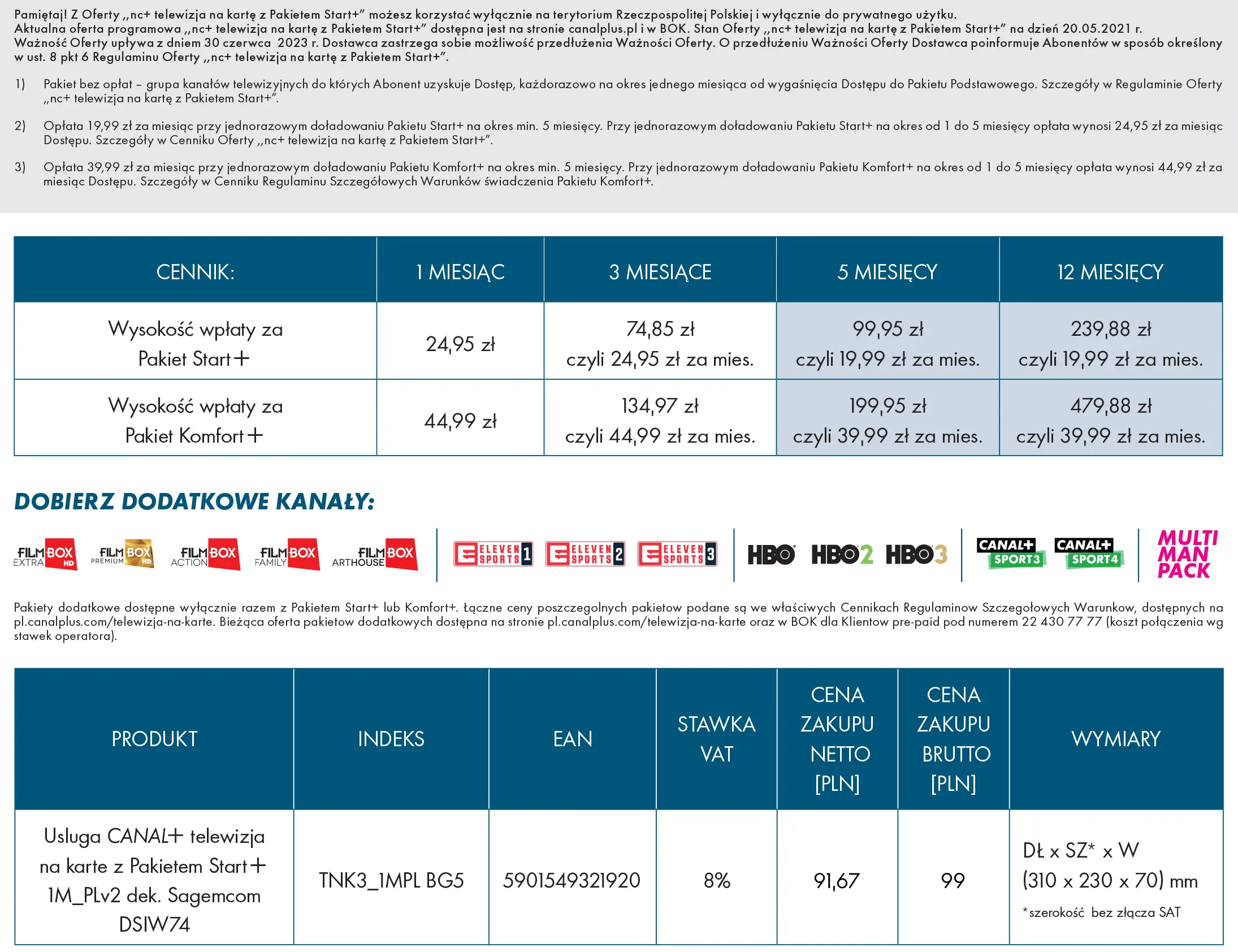 Usługa nc+ telewizja na kartę pakiet Start+ na 12 m-c - dekoder WIFIBOX+  SAGEMCOM DSIW74