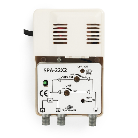 Wzmacniacz szerokopasmowy z rozgałęźnikiem i zasilaniem anten 12V DC Spacetronik SPA-22X2 VHF/UHF 24dB - zdjęcie 2