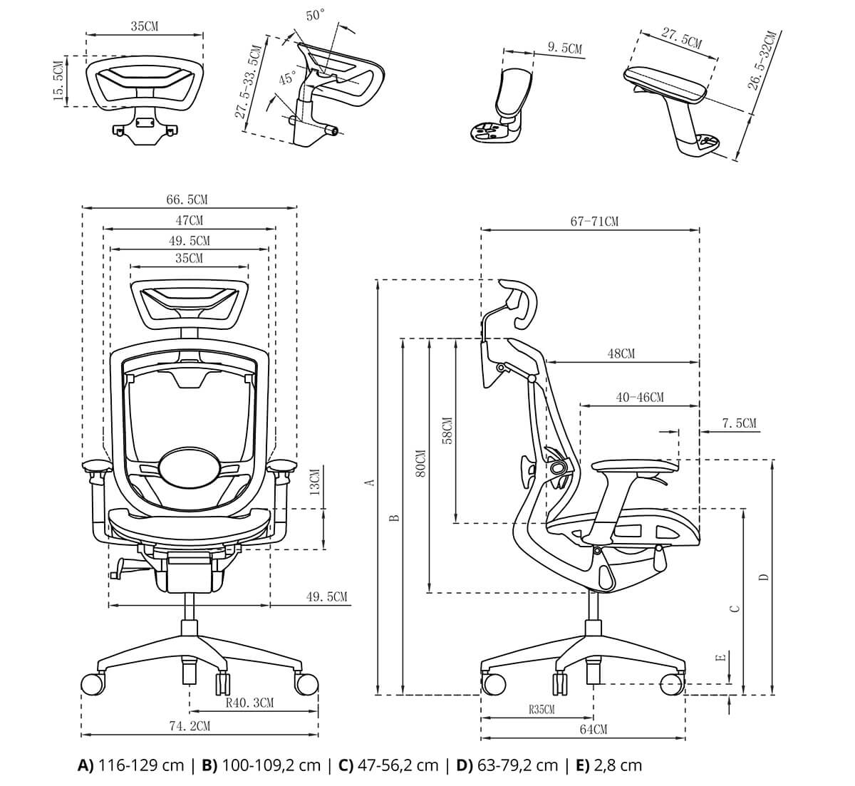 Rysunek techniczny opis krzesła ergoline spacetronik