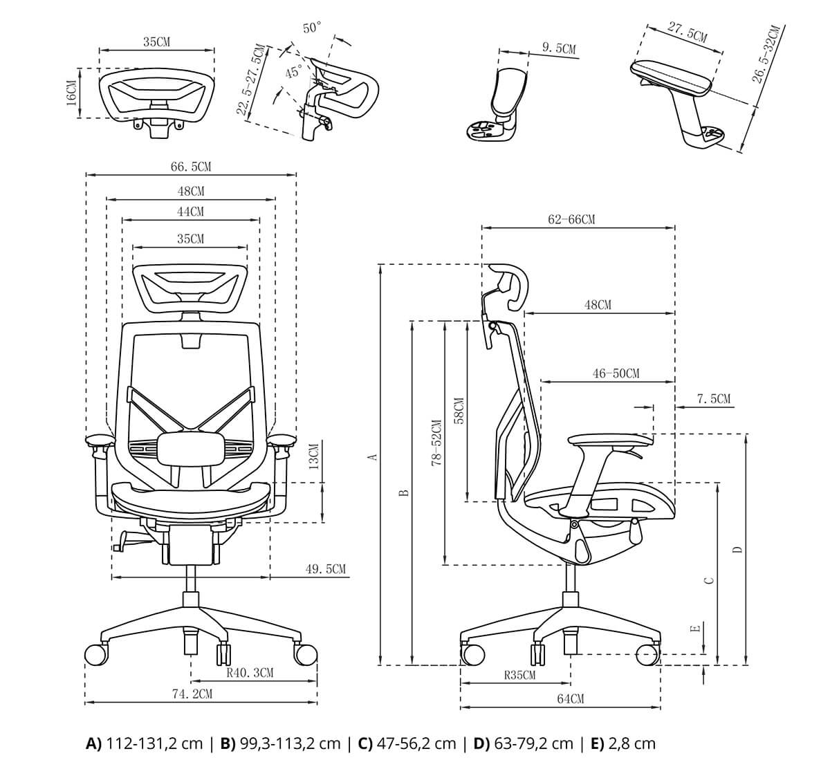 wymiary fotela rysunek techniczny spacetronik ergoline