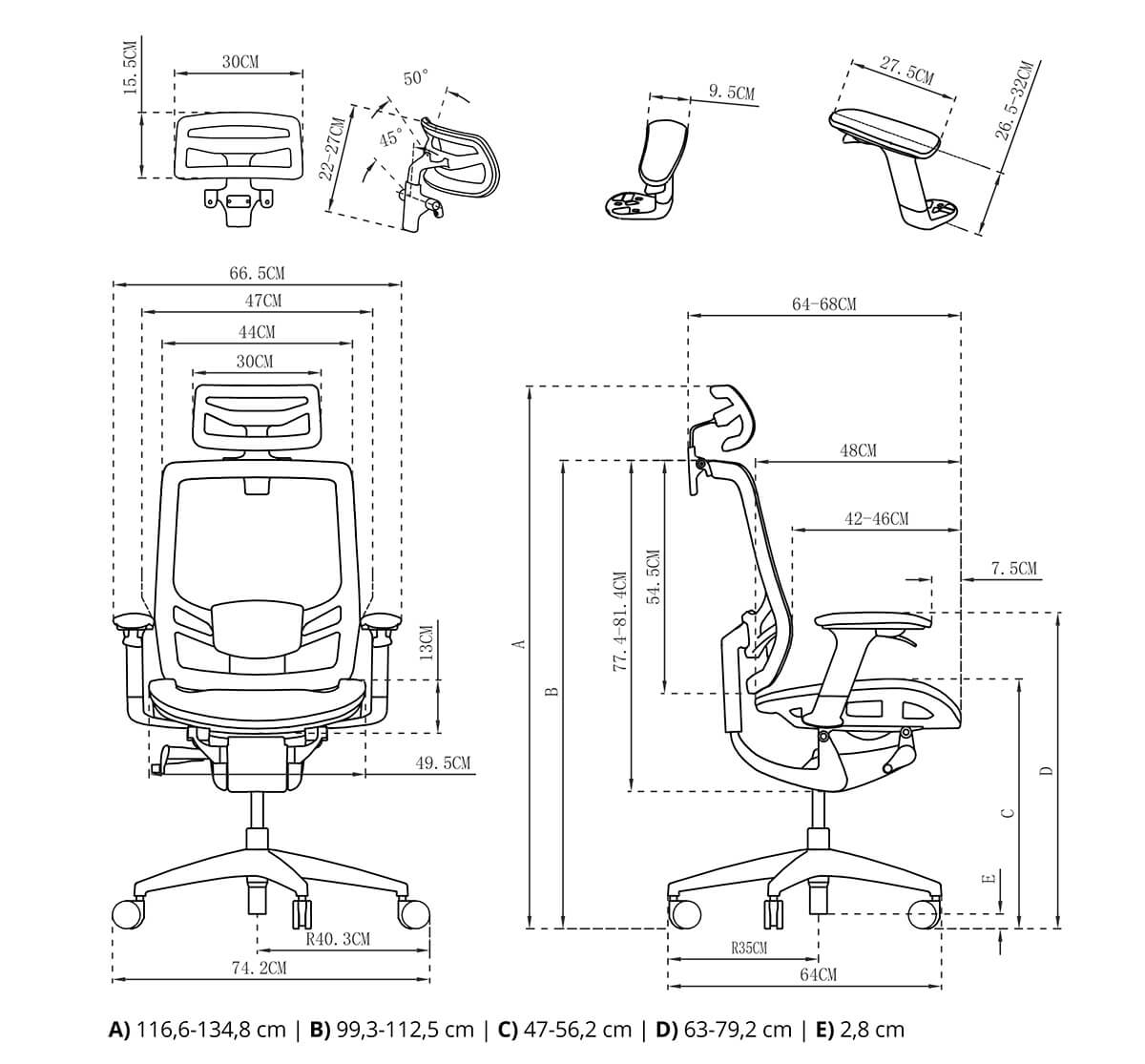 Fotel biurowy Mizar rysunek techniczny