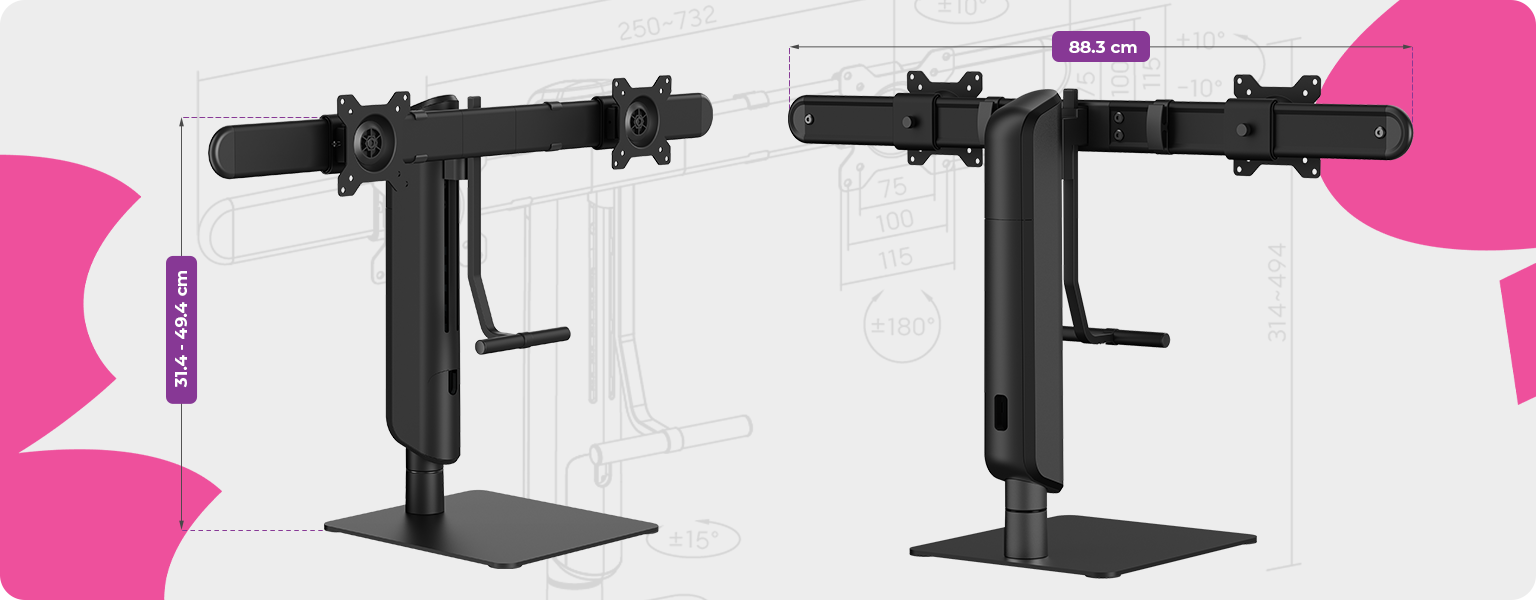 mobilna podstawa na dwa monitory, stojak na dwa monitory 32 cale, uchwyt na monitory z regulacją wysokości, ergonomiczna podstawa do monitorów, podstawka pod dwa monitory 8kg, uchwyt VESA 75x75 100x100, stojak do biura na monitory, regulowany uchwyt do monitorów