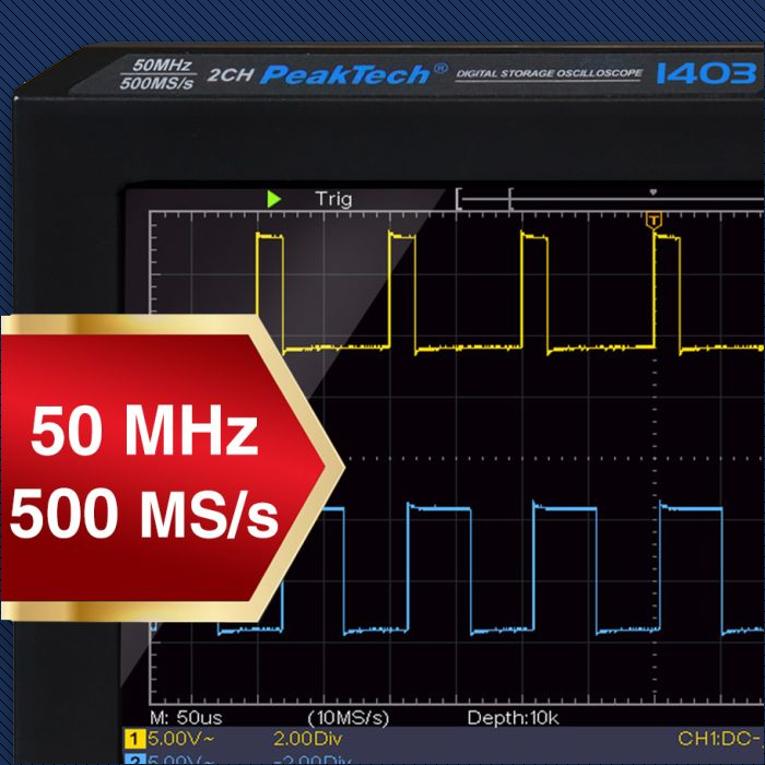 oscyloskop cyfrowy, częstotliwość próbkowania 500 MS/s, odwzorowanie sygnałów, analiza przebiegów, PeakTech P1403, sprzęt pomiarowy, zaawansowane narzędzia, technologia pomiarowa, szybkie sygnały, dokładność pomiaru