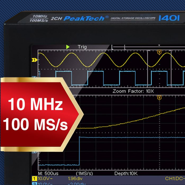 oscyloskop cyfrowy, częstotliwość próbkowania 100 MS/s, odwzorowanie sygnałów, analiza przebiegów, PeakTech P1401, sprzęt pomiarowy, zaawansowane narzędzia, technologia pomiarowa, szybkie sygnały, dokładność pomiaru