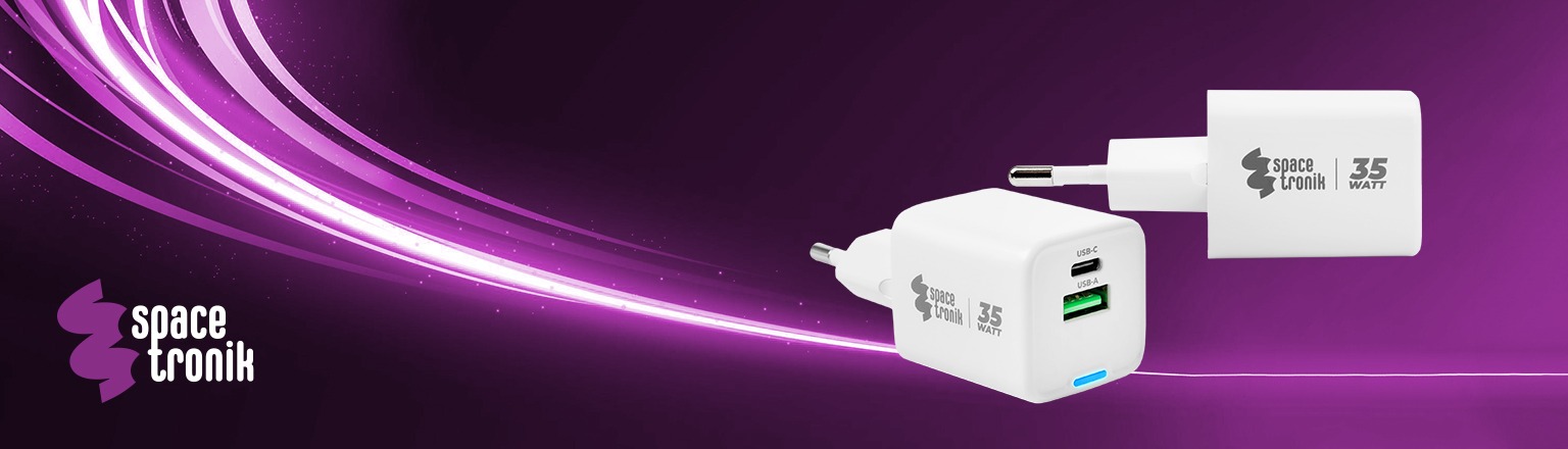 ładowarka 35W USB-C, szybka ładowarka USB-A, Power Delivery 3.0, ładowarka do laptopa, uniwersalna ładowarka Spacetronik, Quick Charge 3.6A, ładowarka z zabezpieczeniami, kompaktowa ładowarka podróżna
