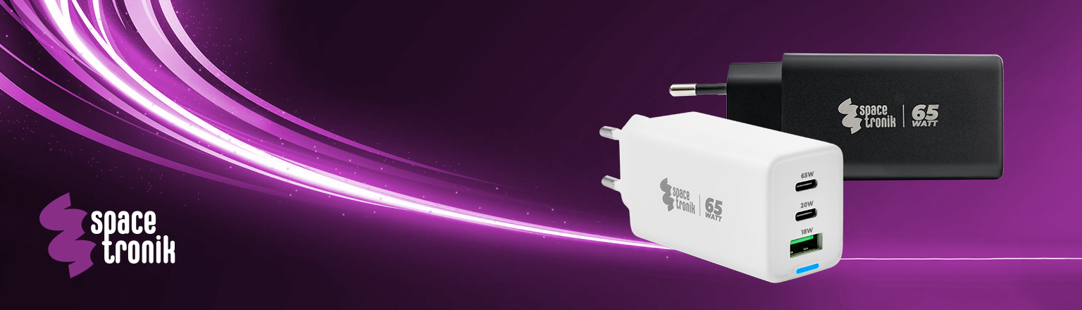 ładowarka 65W USB-C, szybka ładowarka USB-A, Power Delivery 3.0, ładowarka do laptopa, uniwersalna ładowarka Spacetronik, Quick Charge 5A, ładowarka z zabezpieczeniami, kompaktowa ładowarka podróżna